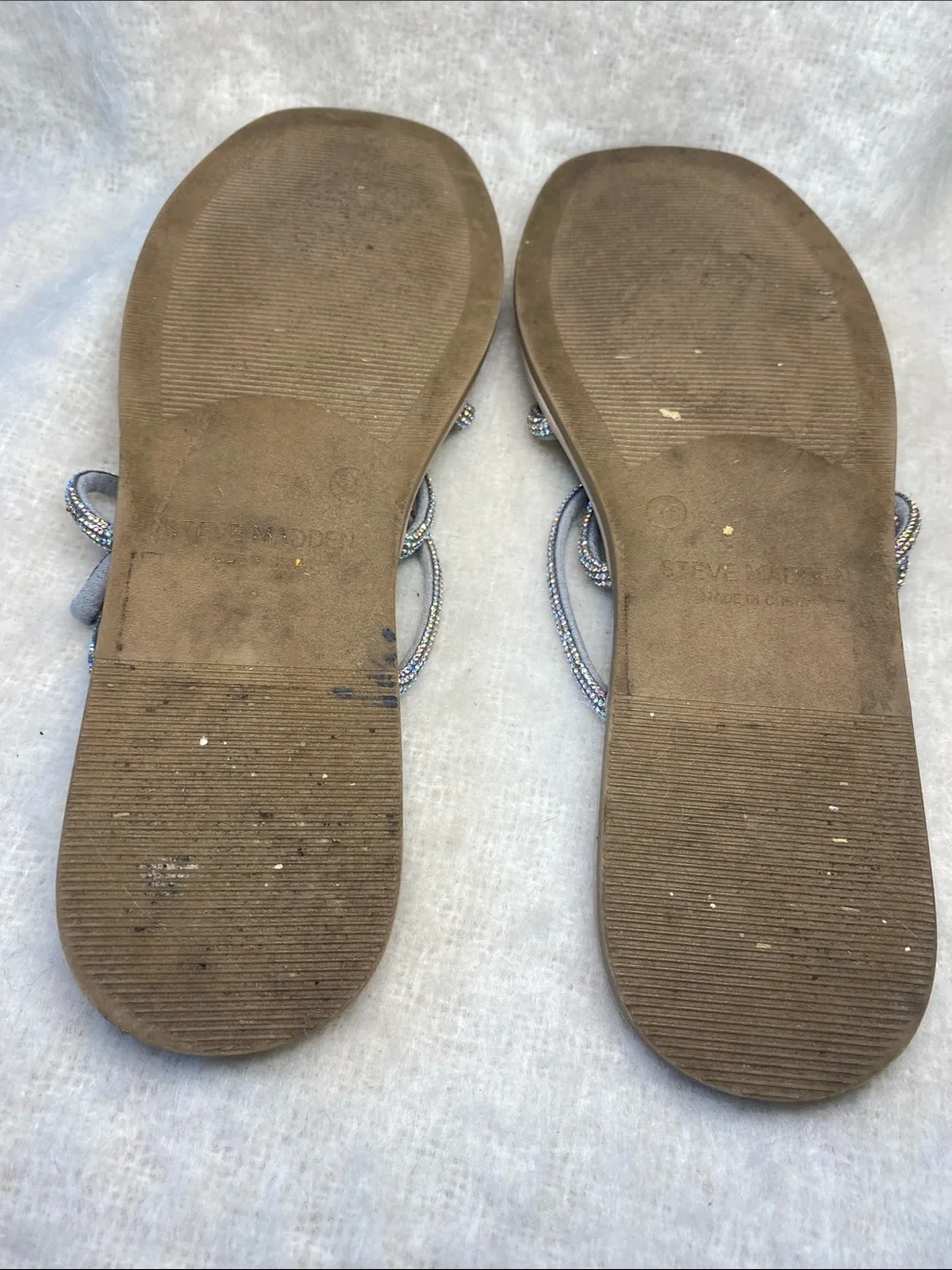 Steve Madden Tan Slide Sandals with Iridescent Beaded Straps